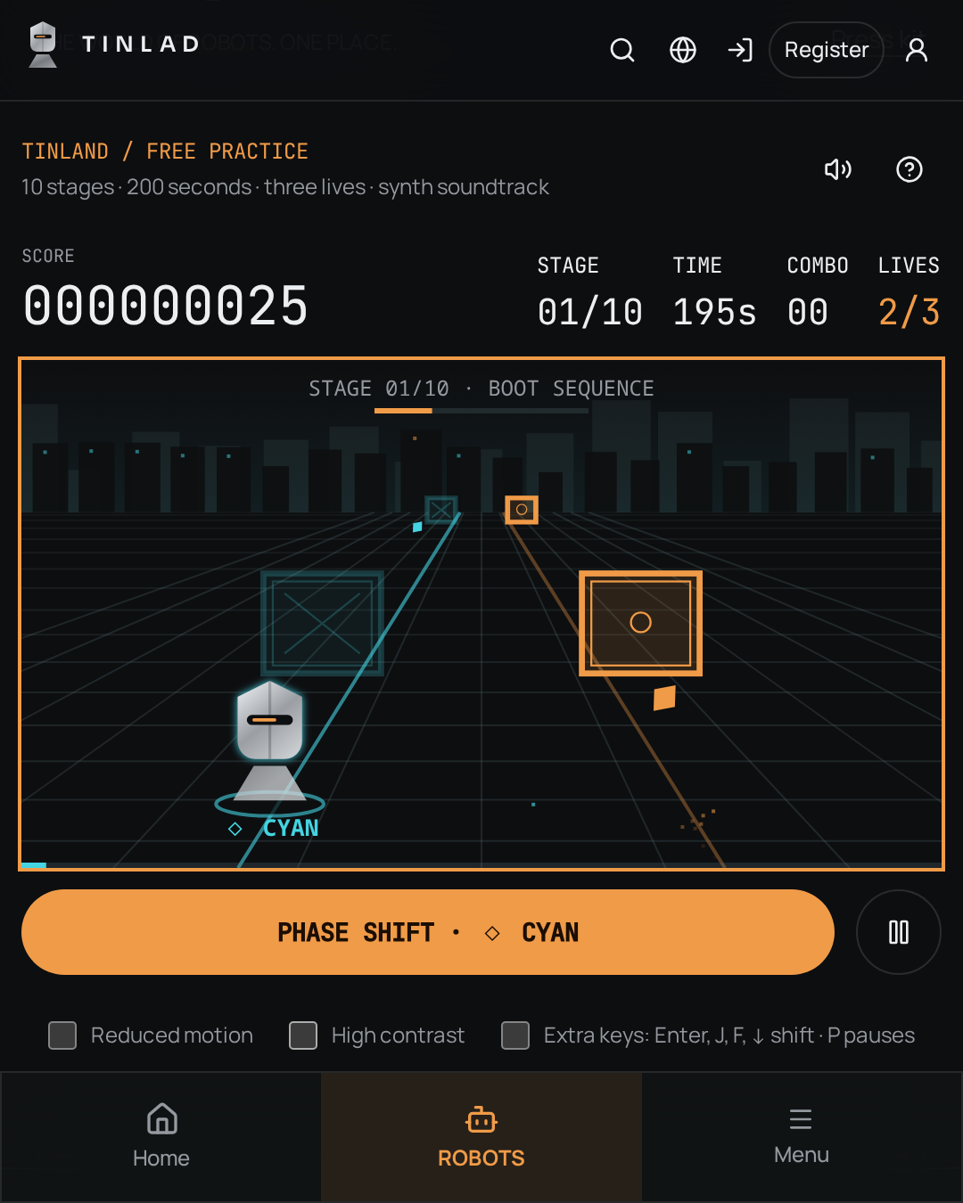 Actual TINLAND browser gameplay: original courier, two signal phases and score HUD